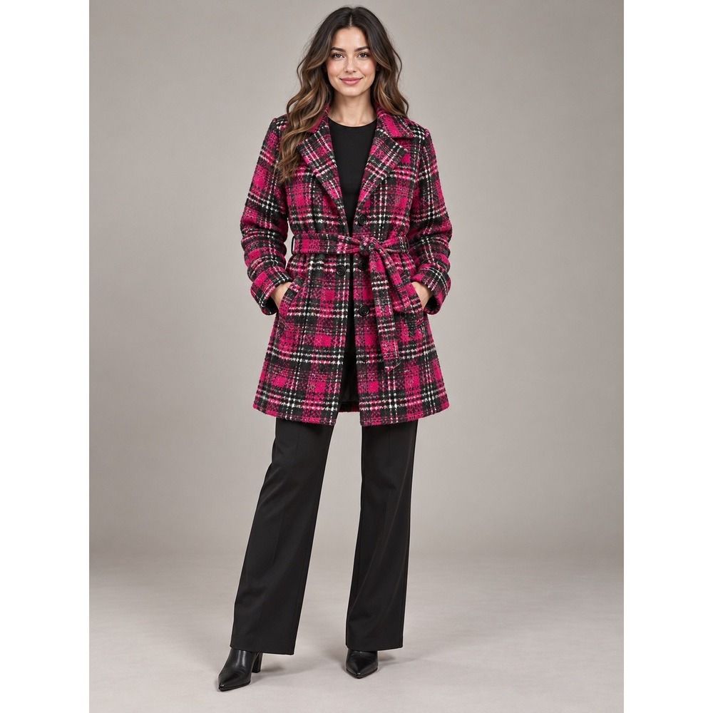 Odyn Pink Black Plaid Wool Blend Belted Coat Women's Large Y2K Grunge Punk Goth